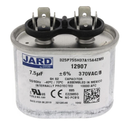 Jard 12907 capacitor - front view (Voltage: 370V; MFD: 7.5)