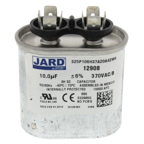 Jard 12908 capacitor - front view (Voltage: 370V; MFD: 10)