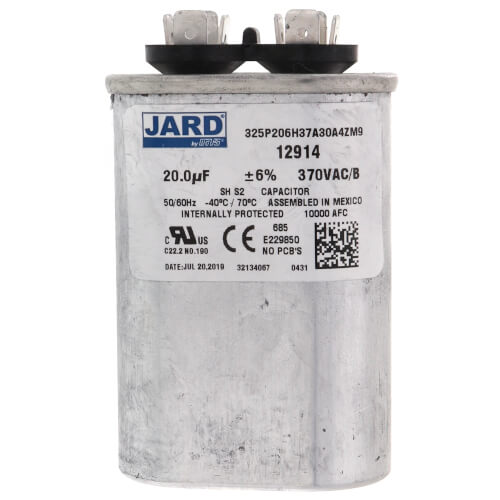 Jard 12914 capacitor - front view (Voltage: 370V; MFD: 20)