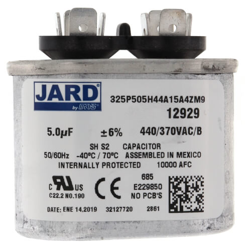 Jard 12929 capacitor - front view (Voltage: 440v; MFD: 5)