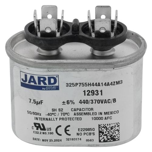 Jard 12931 capacitor - front view (Voltage: 440v; MFD: 7.5)