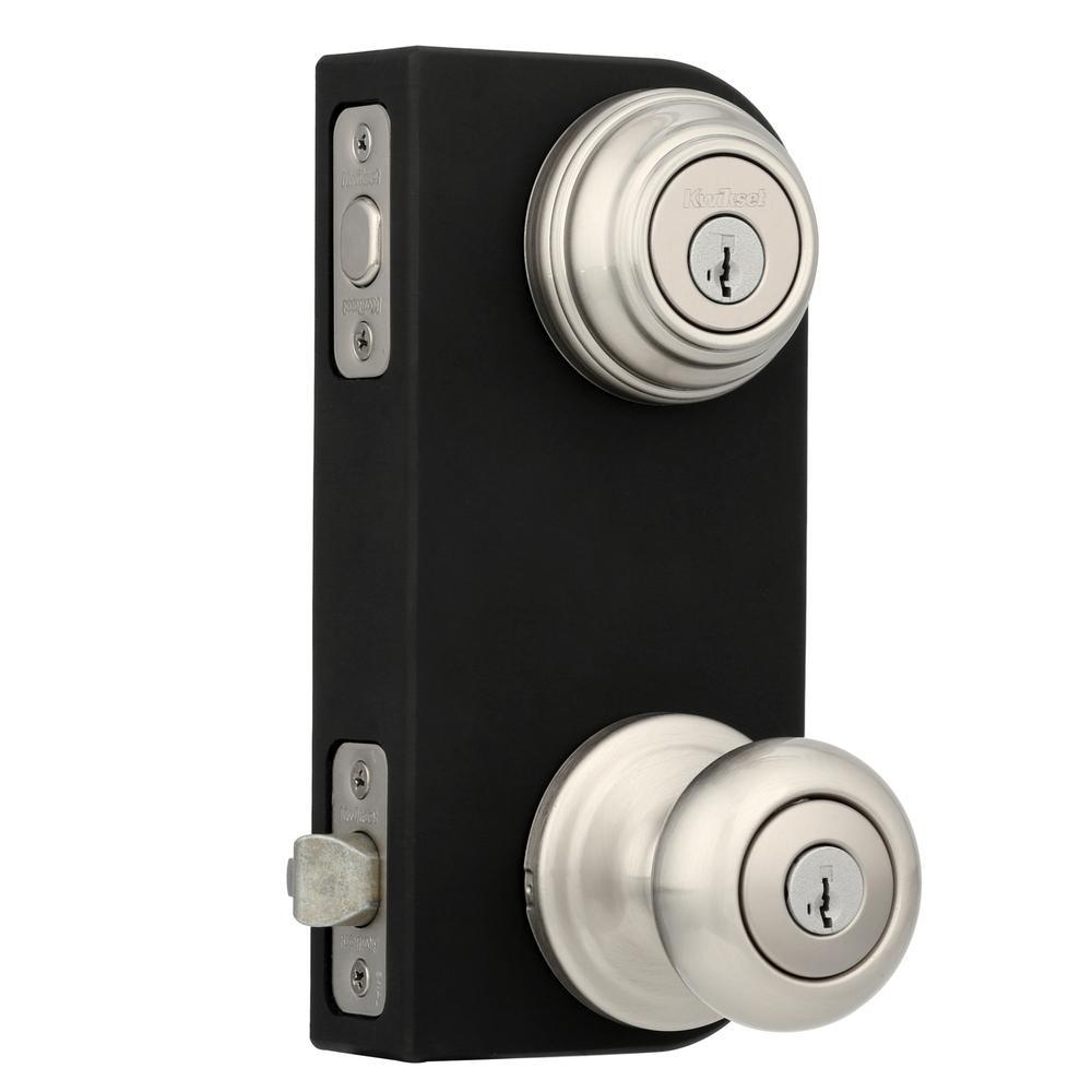 Juno Satin Nickel Exterior Entry Door Knob and Single Cylinder Deadbolt Combo Pack Featuring SmartKey Security - Super Arbor