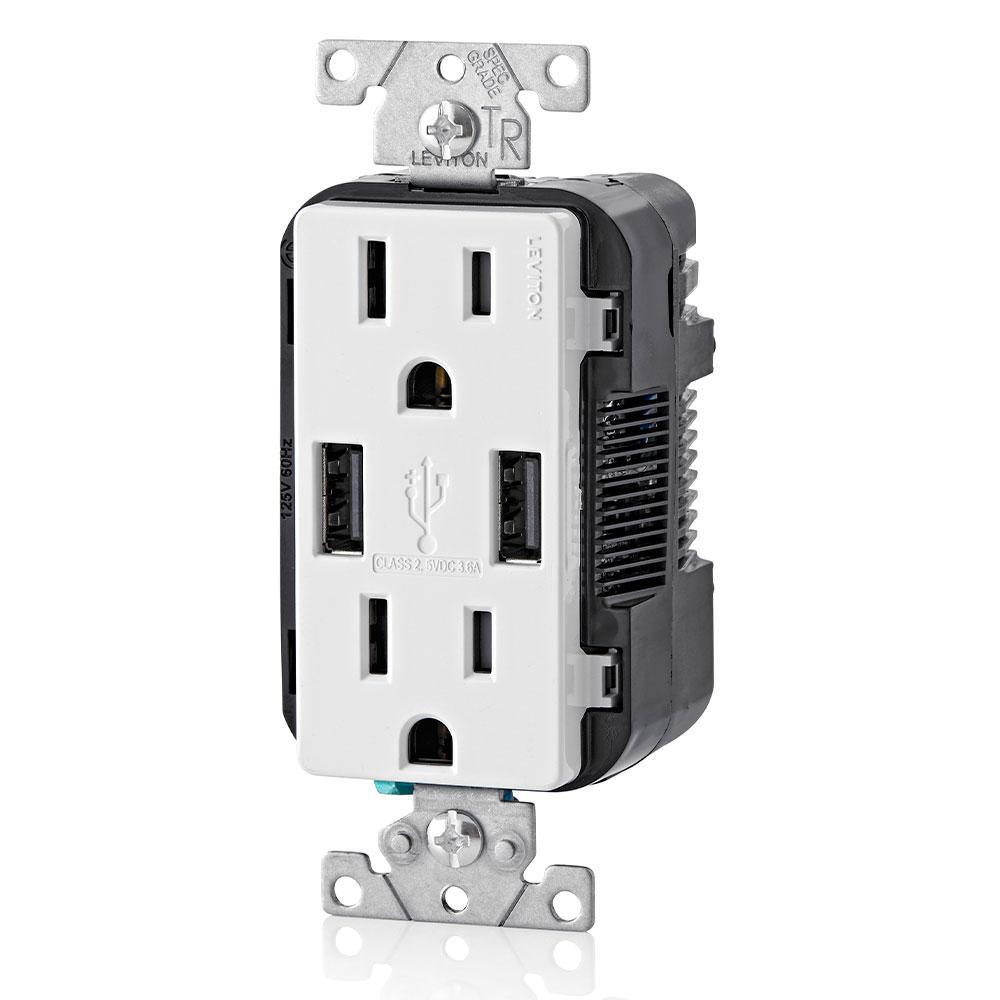 3.6A USB Dual Type A In-Wall Charger with 15 Amp Tamper-Resistant Outlets, White - Super Arbor