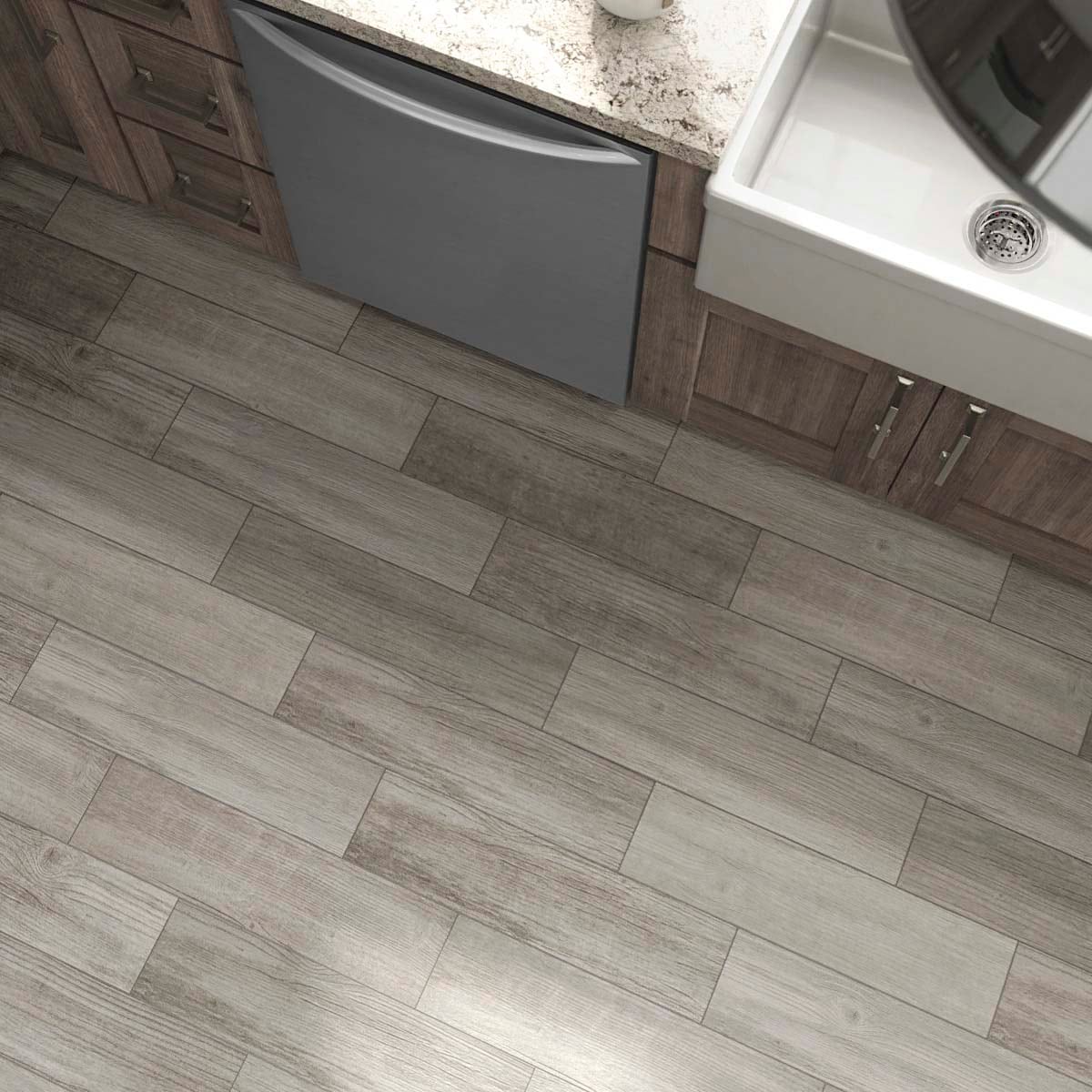 Style Selections Woods Vintage Gray 6-in x 24-in Porcelain Wood Look Floor Tile (Common: 6-in x 24-in; Actual: 5.84-in x 23.5-in)