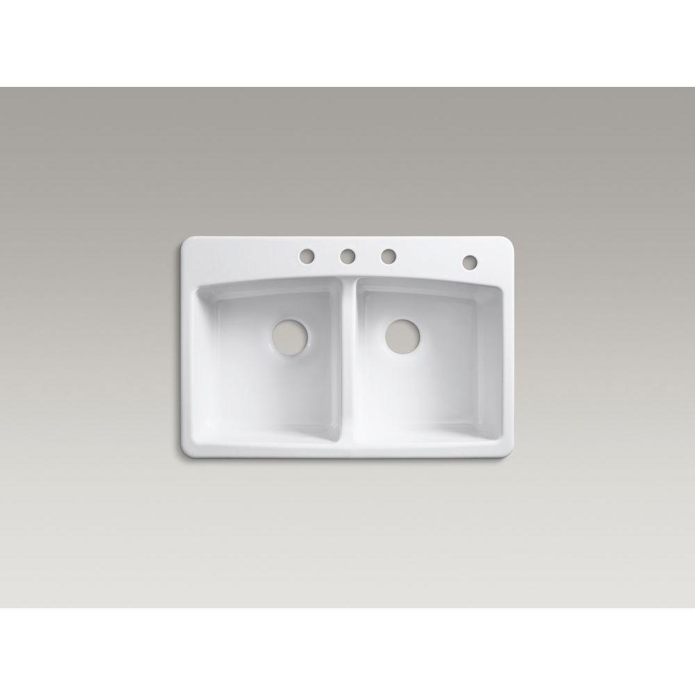 Brookfield Drop-In Cast Iron 33 in. 4-Hole Double Bowl Kitchen Sink in White - Super Arbor