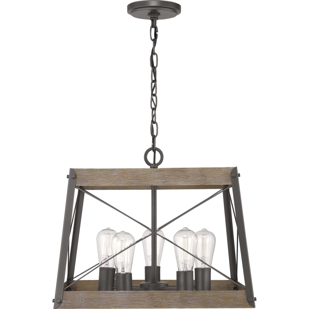 Progress Lighting Bradberry 5-Light Weathered Oak and Graphite Farmhouse Lantern Medium Hanging Pendant Light