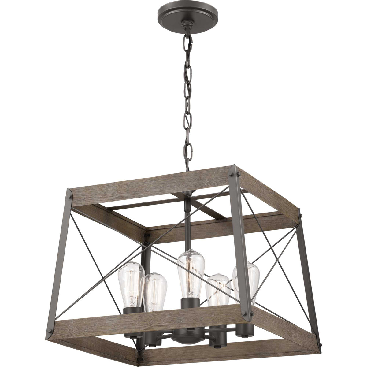 Progress Lighting Bradberry 5-Light Weathered Oak and Graphite Farmhouse Lantern Medium Hanging Pendant Light