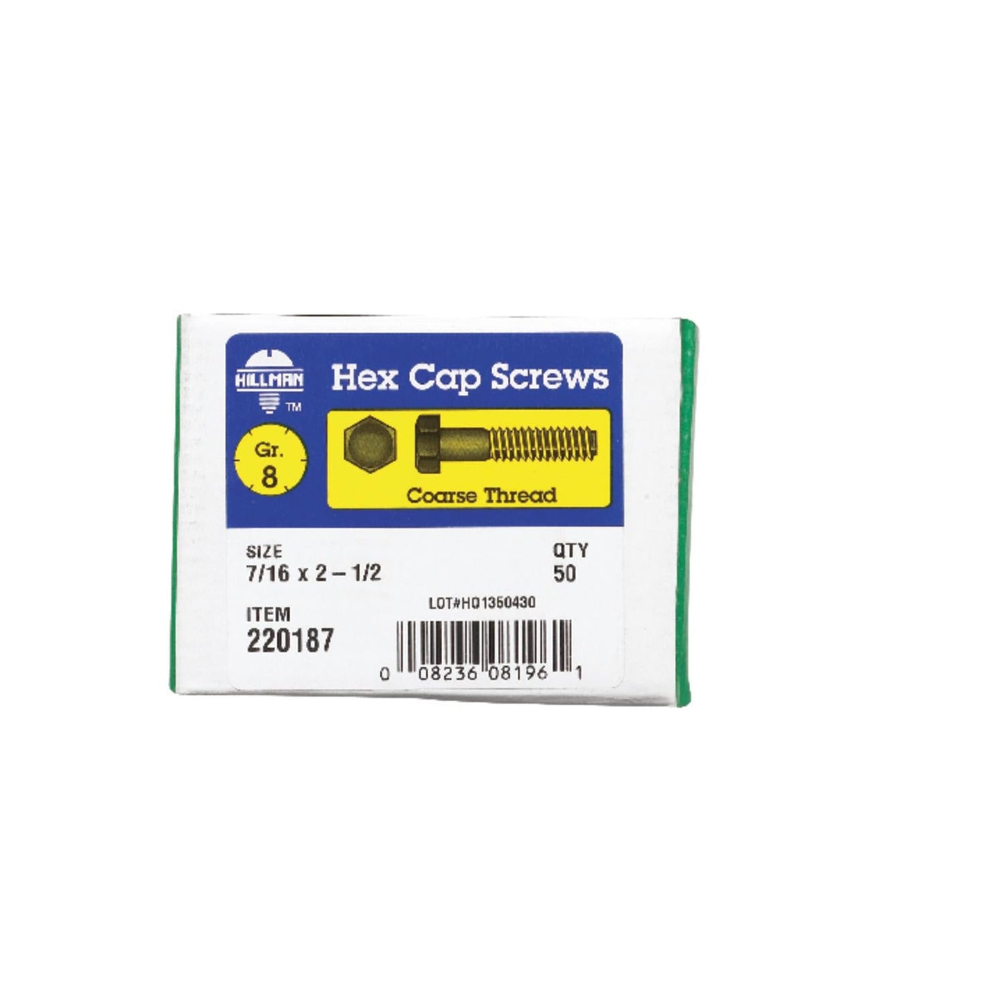 Hillman 7/16 in. Diameter x 2-1/2 in. Length Grade 8 Heat-Treated Steel Hex Head Cap Screws, Coarse Thread (50-Pack)