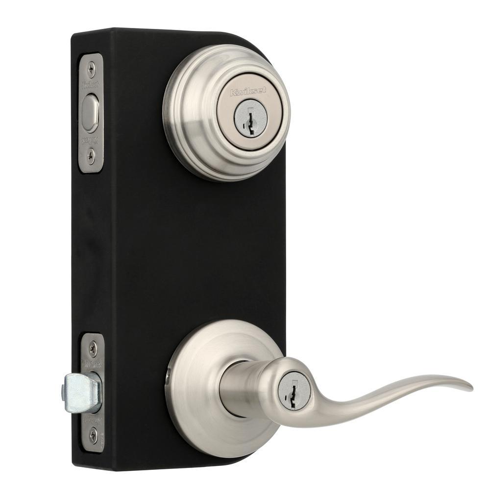 Tustin Satin Nickel Exterior Entry Door Lever and Single Cylinder Deadbolt Combo Pack Featuring SmartKey Security - Super Arbor