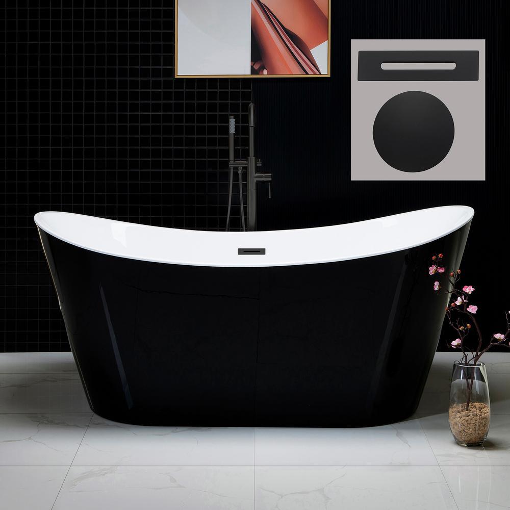 Rolande 67 in. Acrylic Freestanding Double Slipper Flat Bottom Soaking Bathtub with Drain and Overflow Included in Black - Super Arbor