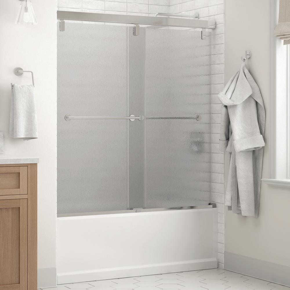 Everly 60 in. x 59-1/4 in. Mod Semi-Frameless Sliding Bathtub Door in Bronze and 1/4 in. (6mm) Droplet Glass - Super Arbor