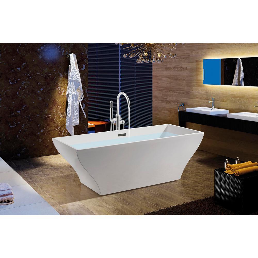 67 in. Fiberglass White Acrylic Tub for Bathtub with Tub Filler Combo - Modern Flat Bottom Stand Alone Tub - Super Arbor