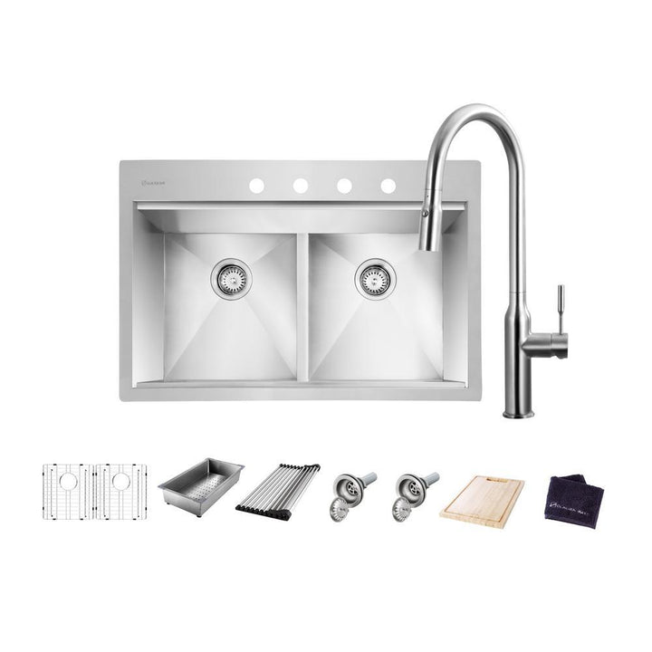 All-in-One Drop-In Stainless Steel 33 in. 4-Hole 50/50 Double Bowl Workstation Sink with Faucet and Accessories Kit - Super Arbor