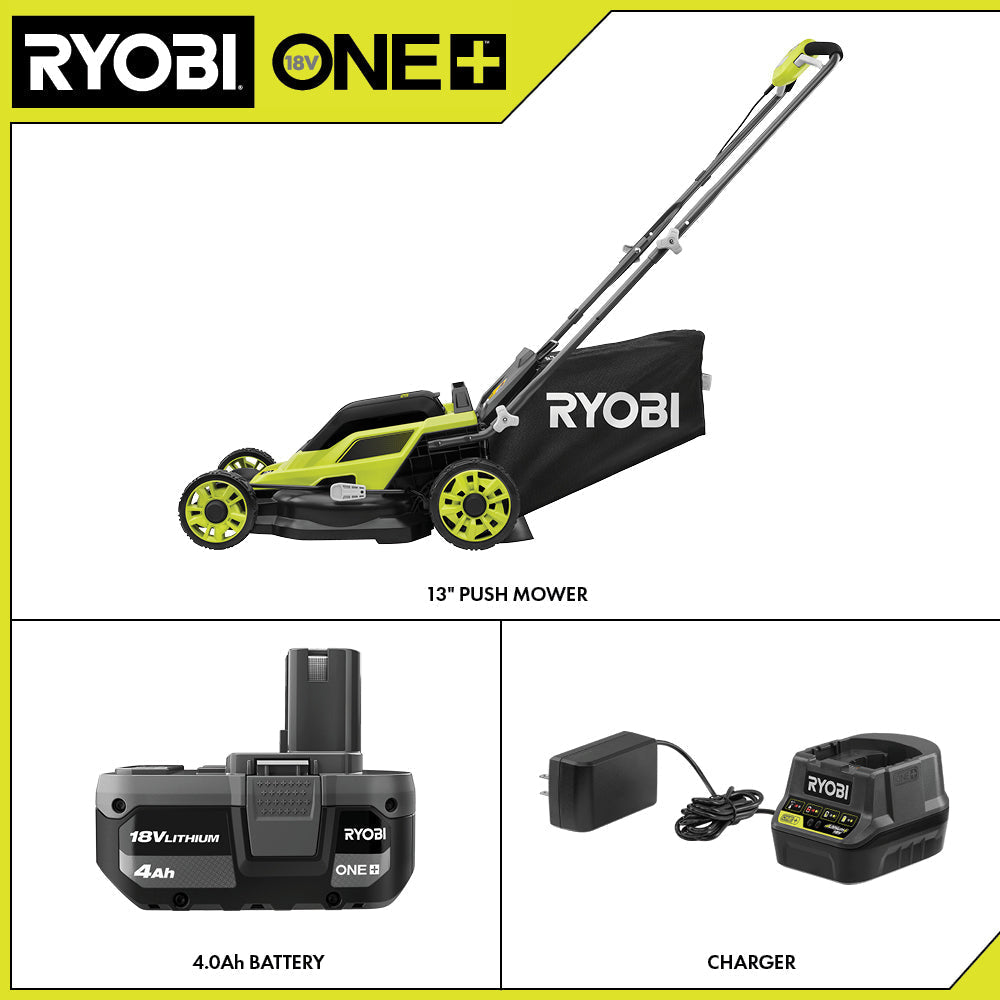 RYOBI 13 in. ONE+ 18-Volt Lithium-Ion Cordless Push Lawn Mower Kit with 4.0Ah Battery & Charger