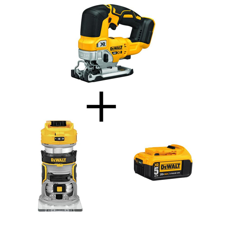 20V MAX XR Li-Ion Cordless Brushless Jigsaw (Tool-Only) w/Bonus Bare 20V Brushless Router and 20-V Li-Ion Battery 5.0Ah - Super Arbor