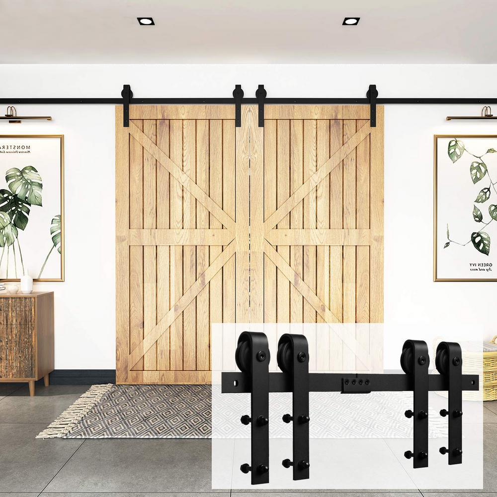 9 ft./108 in. Black Steel Sliding Barn Door Track and Hardware Kit for Double Doors with Floor Guide - Super Arbor