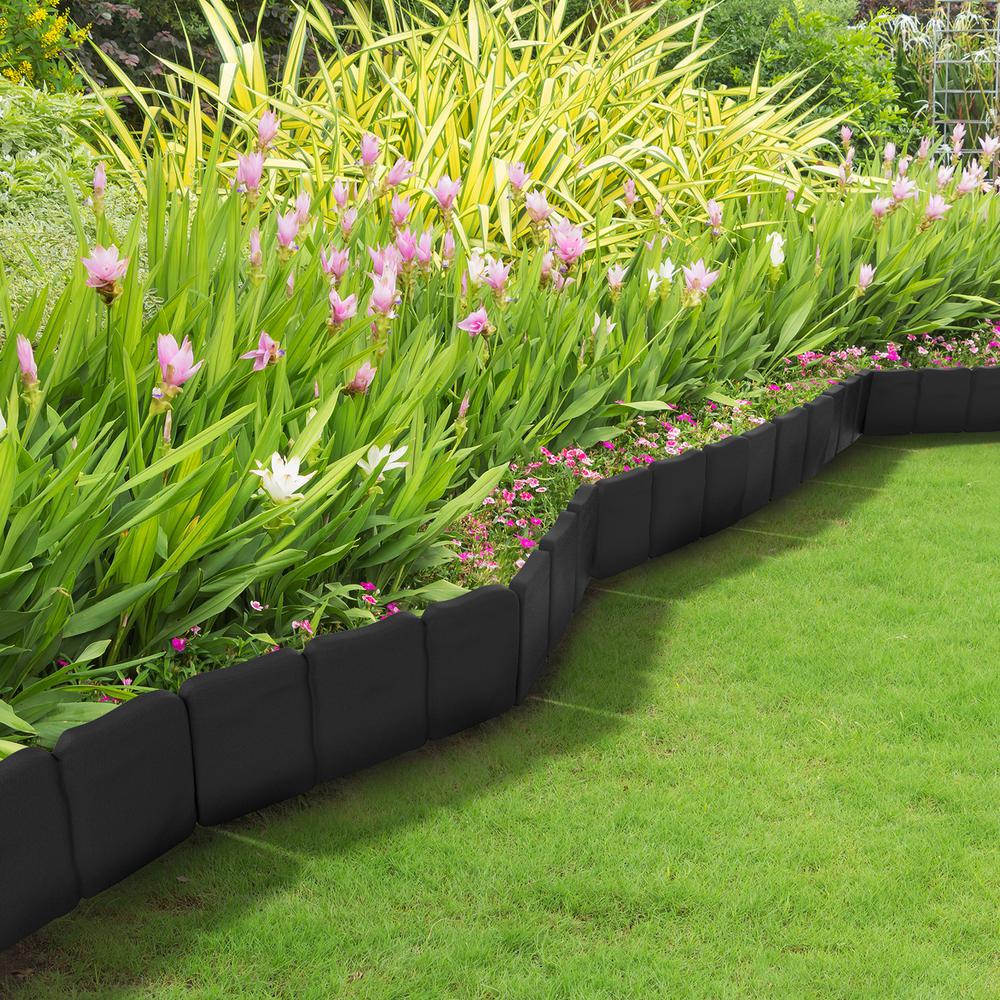 Pure Garden 0.75 in. x 10 in. x 9 in. Black Plastic Garden Edging Stone-Look Border (10-Piece)