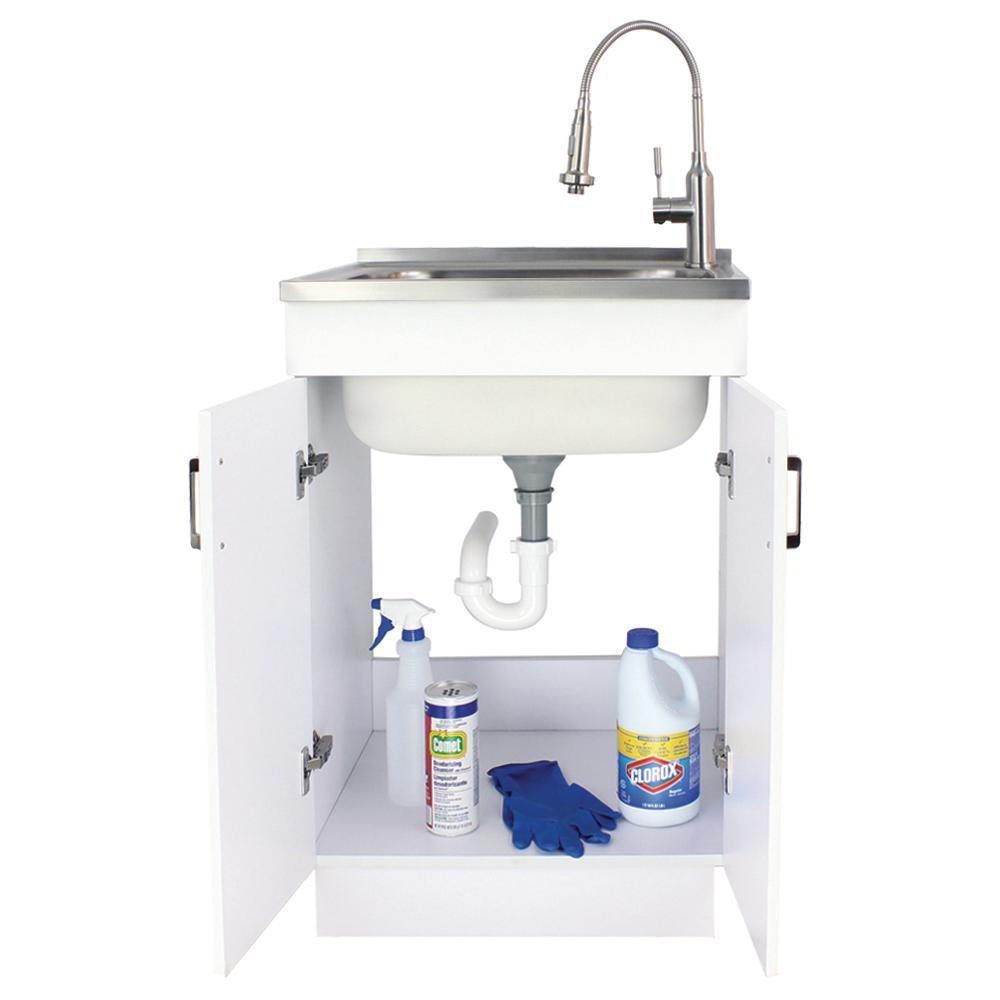 All-in-One 23.6 in. x 19.7 in. x 34.6 in. Stainless Steel Laundry/Utility Sink and Wood Cabinet with Faucet in White - Super Arbor