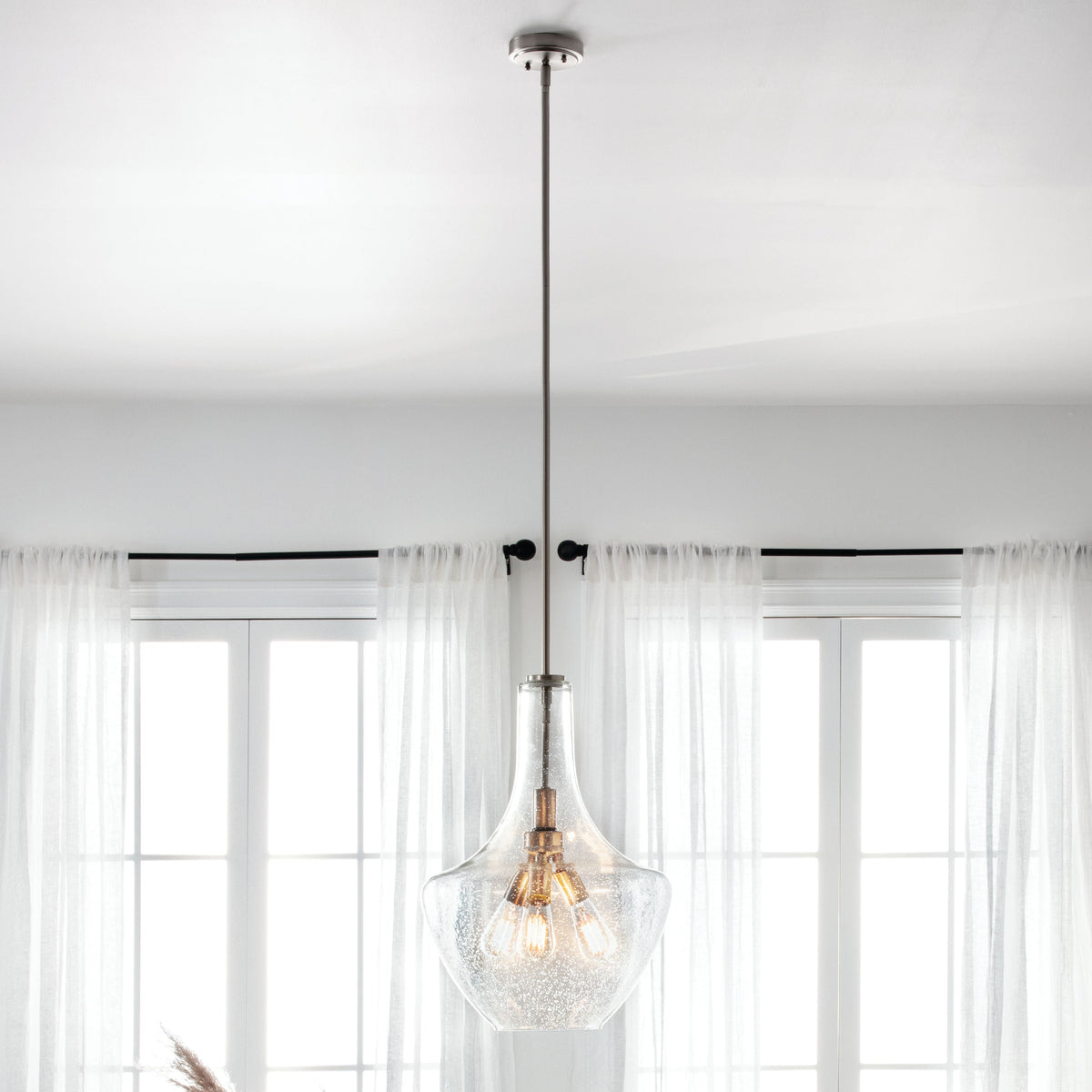 Kichler Everly 3-Light Brushed Nickel Transitional Seeded Glass Teardrop Led, Medium Hanging Pendant Light