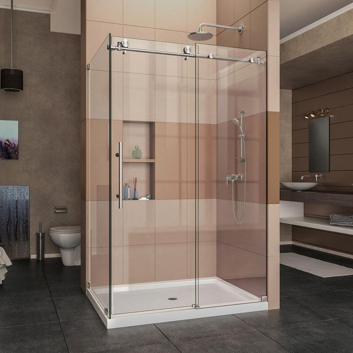 DreamLine Enigma-X 32 1/2 in. D x 48 3/8 in. W x 76 in. H Frameless Corner Sliding Shower Enclosure, Brushed Stainless Steel