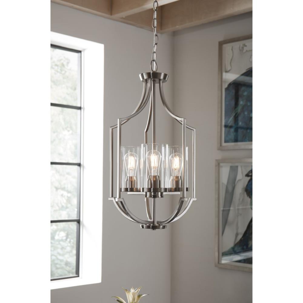 Progress Lighting Lassiter 3-Light Brushed Nickel Traditional Clear Glass Cylinder Medium Hanging Pendant Light