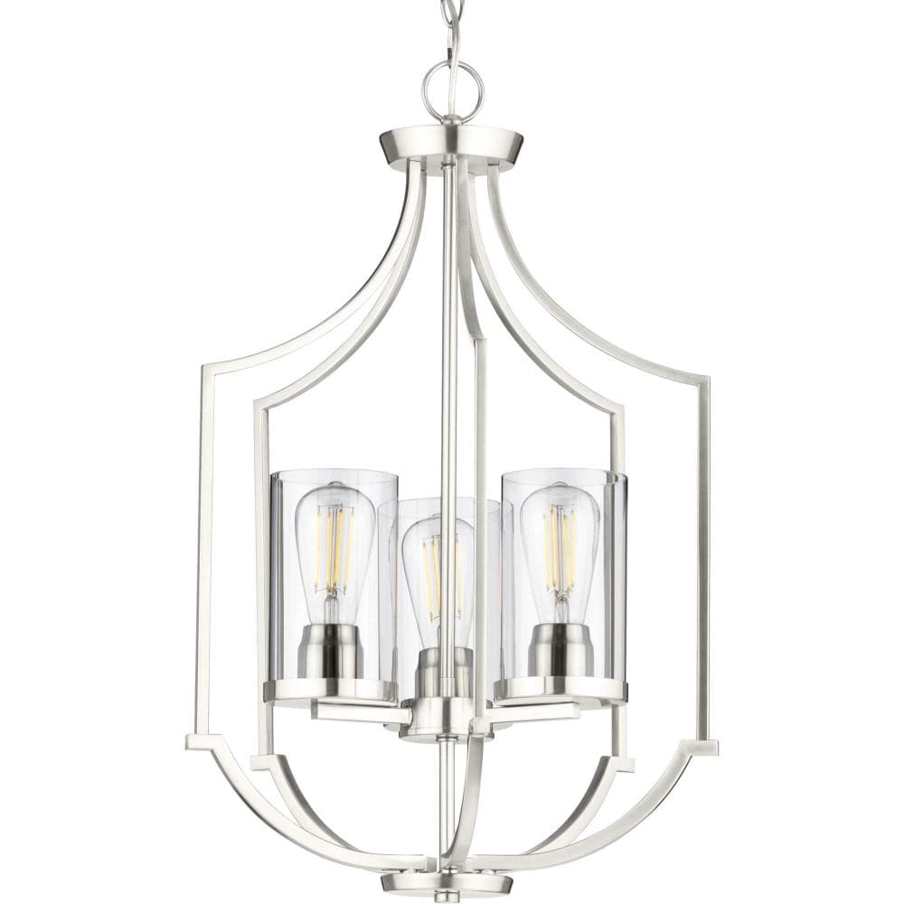 Progress Lighting Lassiter 3-Light Brushed Nickel Traditional Clear Glass Cylinder Medium Hanging Pendant Light