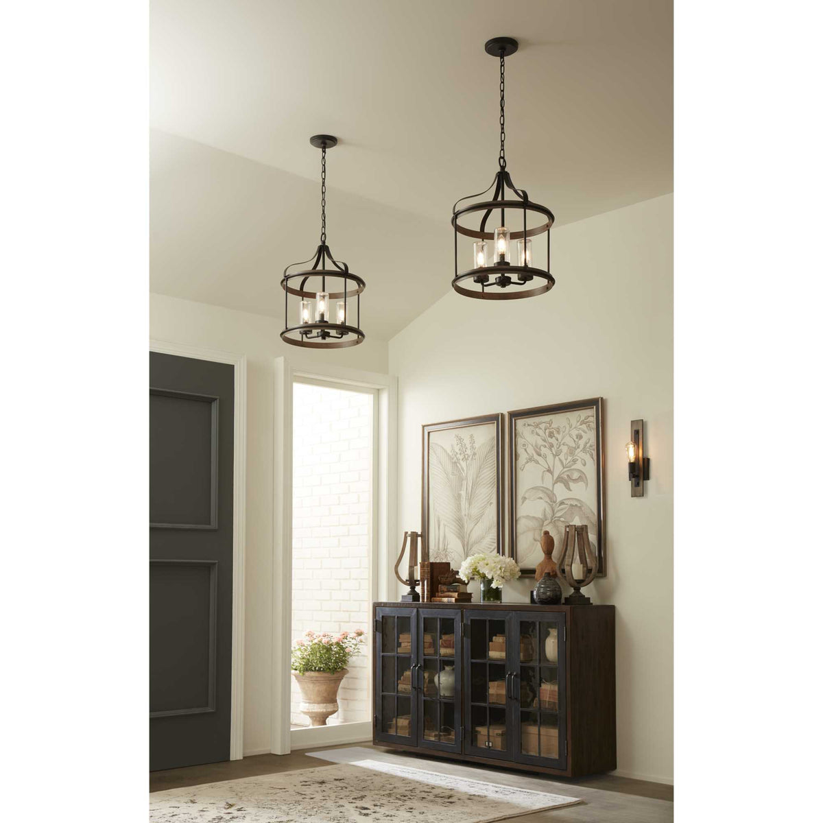 Progress Lighting Brenham 3-Light Matte Black Farmhouse Seeded Glass Cylinder Medium Indoor/Outdoor Hanging Pendant Light