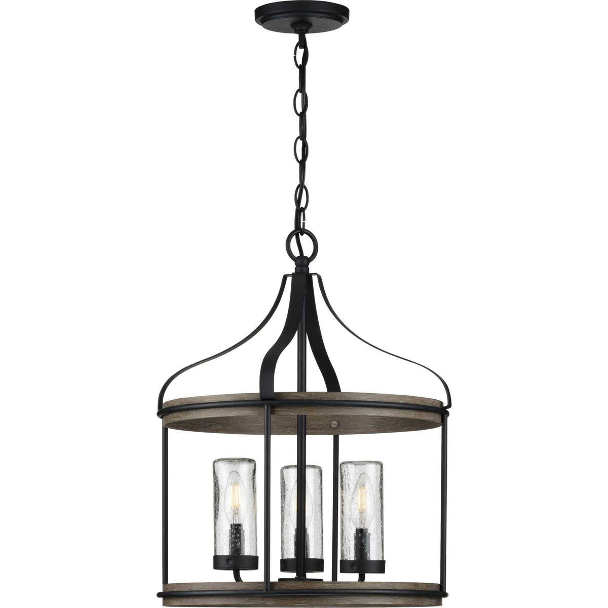 Progress Lighting Brenham 3-Light Matte Black Farmhouse Seeded Glass Cylinder Medium Indoor/Outdoor Hanging Pendant Light