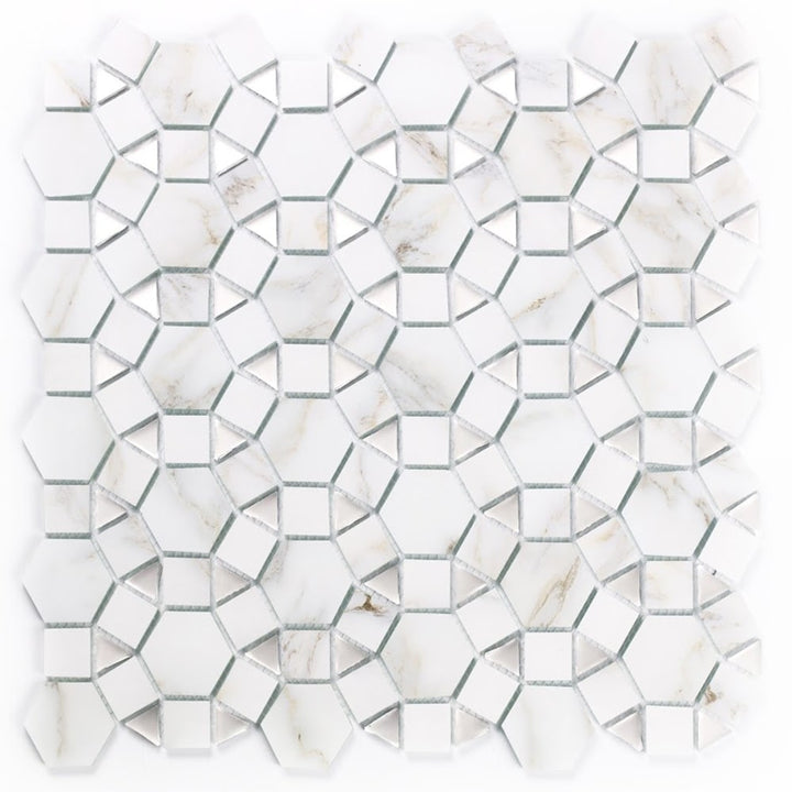 Abolos Musico Calacatta gold white 12-in x 12-in Multi-finish Glass Patterned Mosaic Wall Tile product image