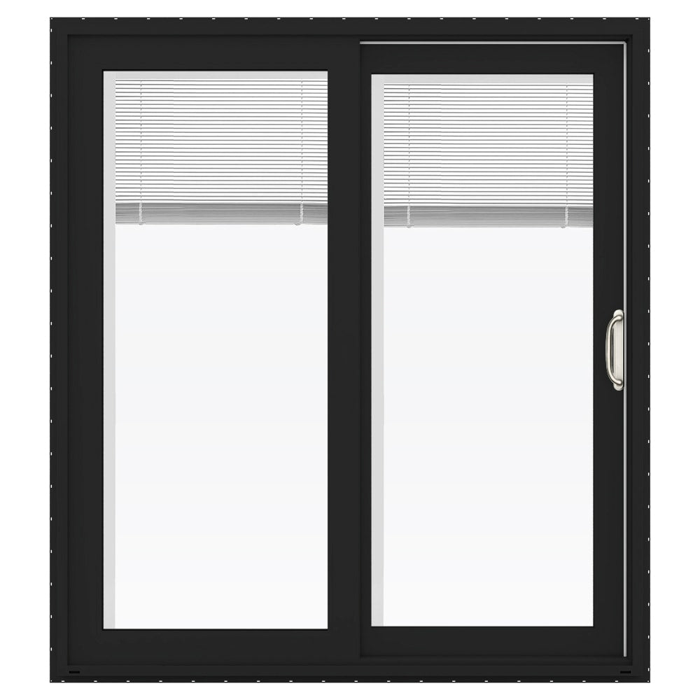JELD-WEN FiniShield V-4500 72-in x 80-in 4-9/16-in Low-E Blinds-Between-the-Glass Bronze Vinyl Right-Hand Sliding Double Patio Door with Screen
