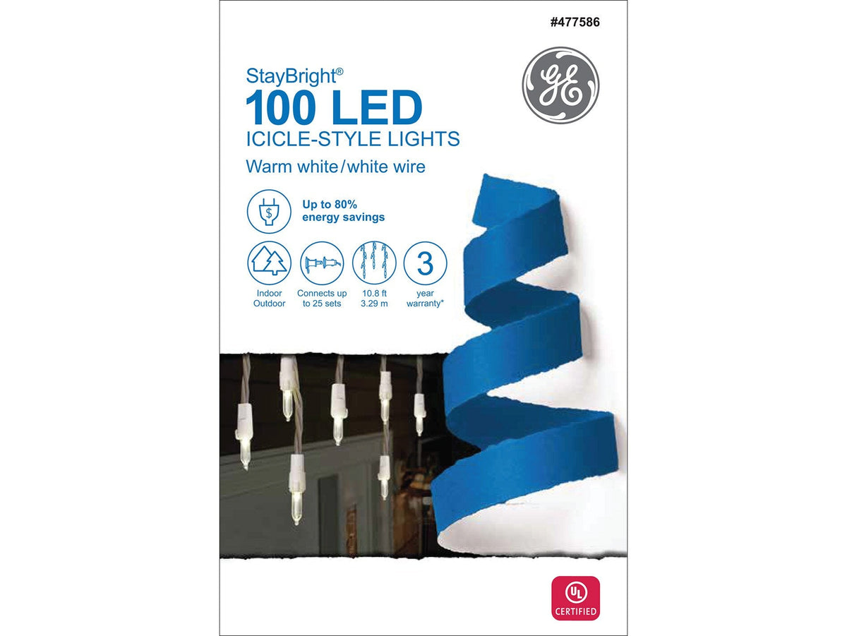 GE StayBright 100-Count Constant White Mini LED Plug-In Christmas Icicle Lights