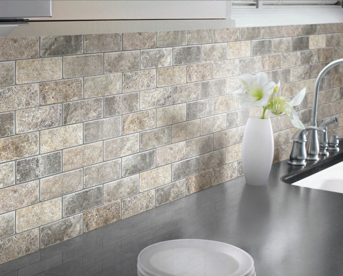 Satori Silver Crescent 12-in x 12-in Tumbled Natural Stone Travertine Brick Subway Wall Tile