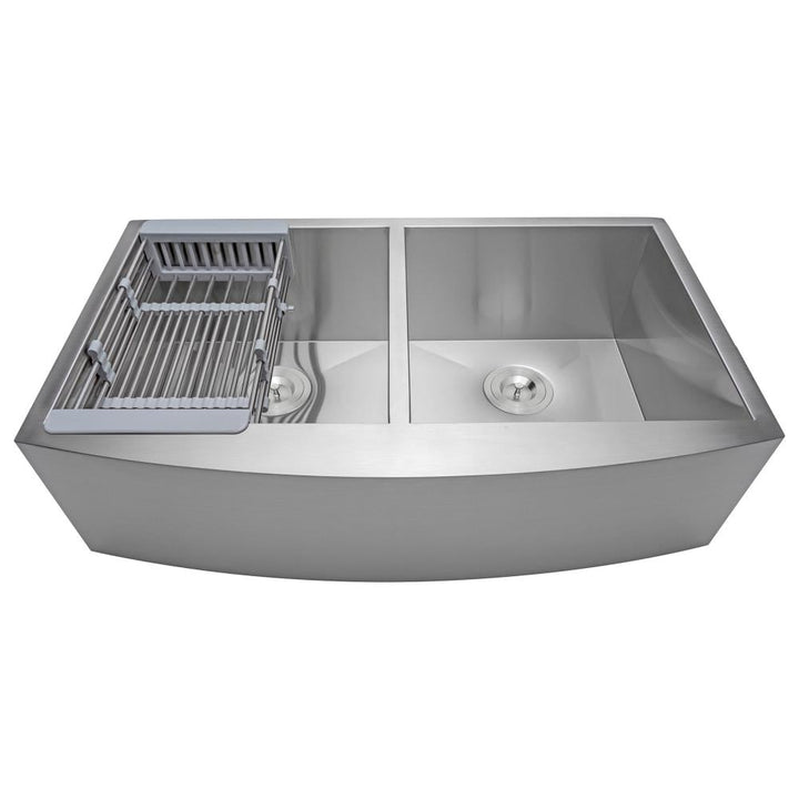 AKDY All-in-One 33-in x 22-in Brushed Stainless Steel Double Equal Bowl Tall Apron-Front Undermount Farmhouse Kitchen Sink Kit with Faucet