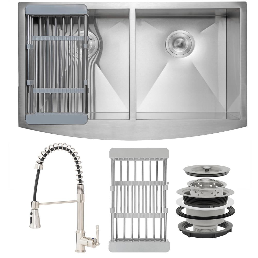AKDY All-in-One 33-in x 22-in Brushed Stainless Steel Double Equal Bowl Tall Apron-Front Undermount Farmhouse Kitchen Sink Kit with Faucet