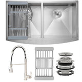 AKDY All-in-One 33-in x 22-in Brushed Stainless Steel Double Equal Bowl Tall Apron-Front Undermount Farmhouse Kitchen Sink Kit with Faucet