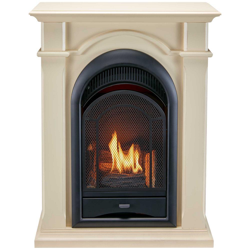 32" Dual Fuel Ventless Gas Fireplace System With Corner Combo Mantel - 15,000 BTU, T-Stat, Antique White Finish - Super Arbor