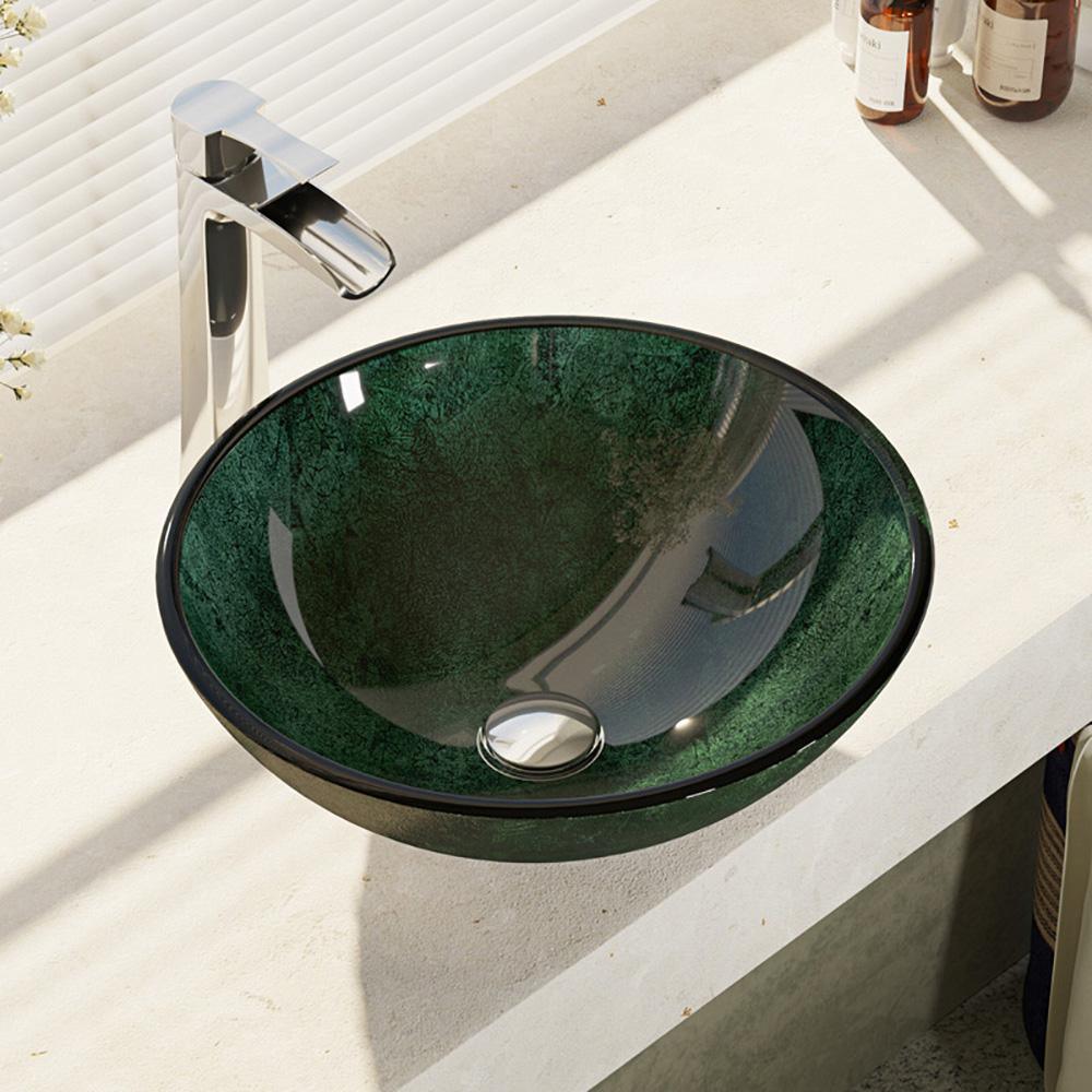 Glass Vessel Sink in Crystal with R9-7007 Faucet and Pop-Up Drain in Chrome - Super Arbor