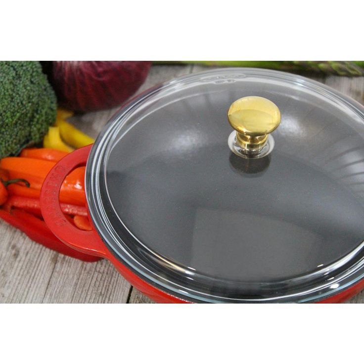 7 in. Red French Enameled Cast Iron Wok with Glass Lid