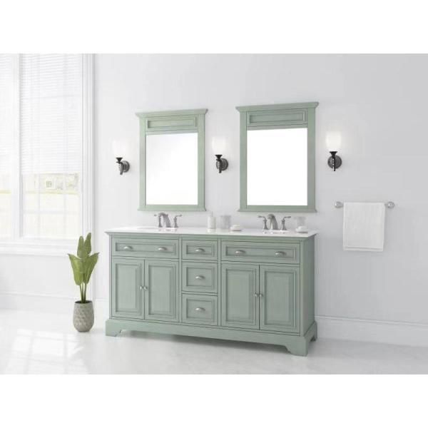 Sadie 67 in. W x 21.5 in. D Vanity in Antique Light Cyan with Marble Vanity Top in Natural White with White Sinks