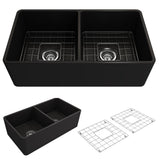 Classico Farmhouse Apron Front Fireclay 33 in. Double Bowl Kitchen Sink with  Bottom Grid and Strainer in White - Super Arbor