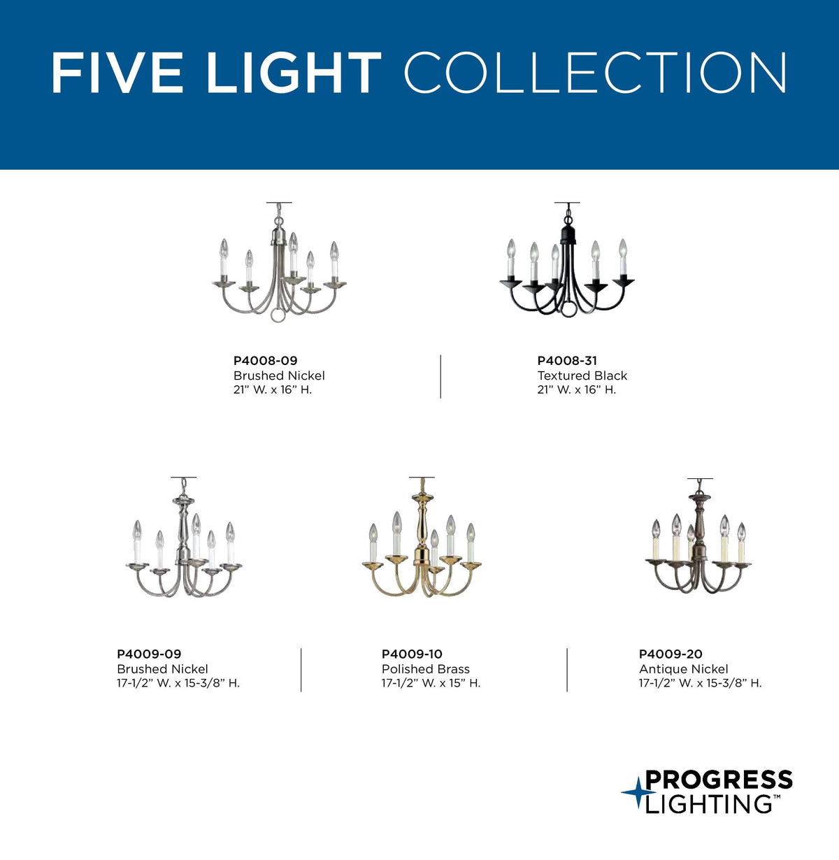 Progress Lighting Five Light 5-Light Brushed Nickel Transitional Chandelier