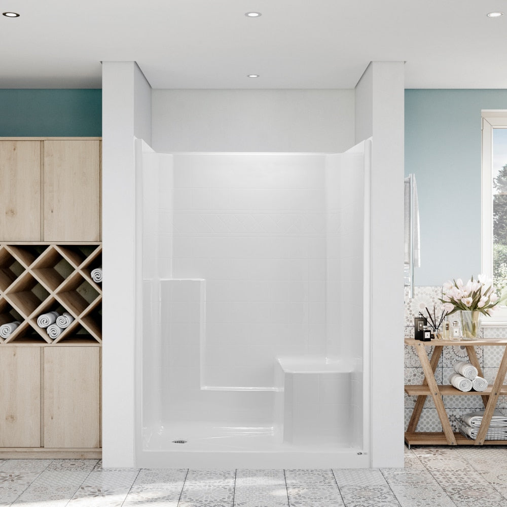 Ella Standard 60 in. x 33 in. x 77 in. 1-Piece Low Threshold Shower Stall in Biscuit with Left-Hand Seat and Right Drain