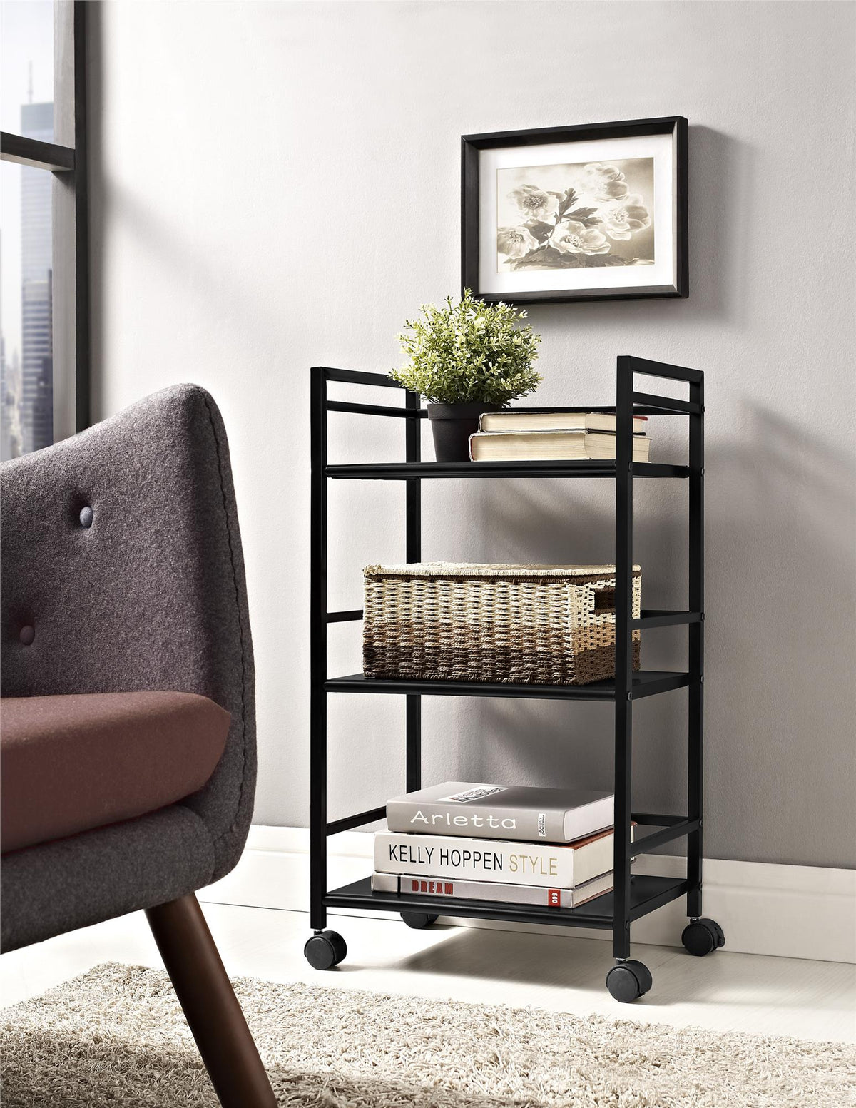 Ameriwood Home Black Composite Base with Composite Top Rolling Kitchen Cart (16.85-in x 11.4-in x 29.9-in)