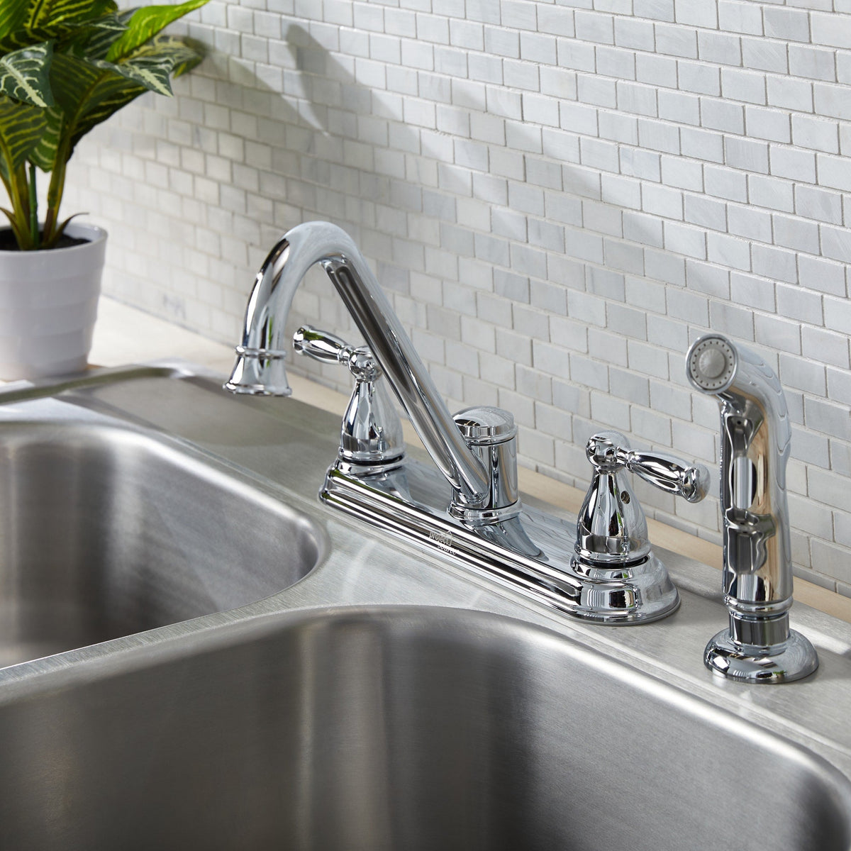 Project Source Brice Chrome 2-Handle Deck-Mount Low-Arc Kitchen Faucet with Side Sprayer and Deck Plate