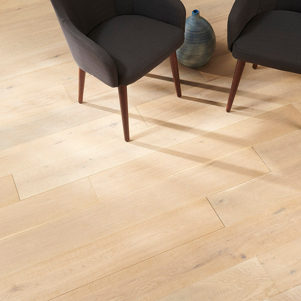 Flooors by LTL Oak Oak rustic, brushed, hand scraped, white oiled hardwood flooring — installed room view