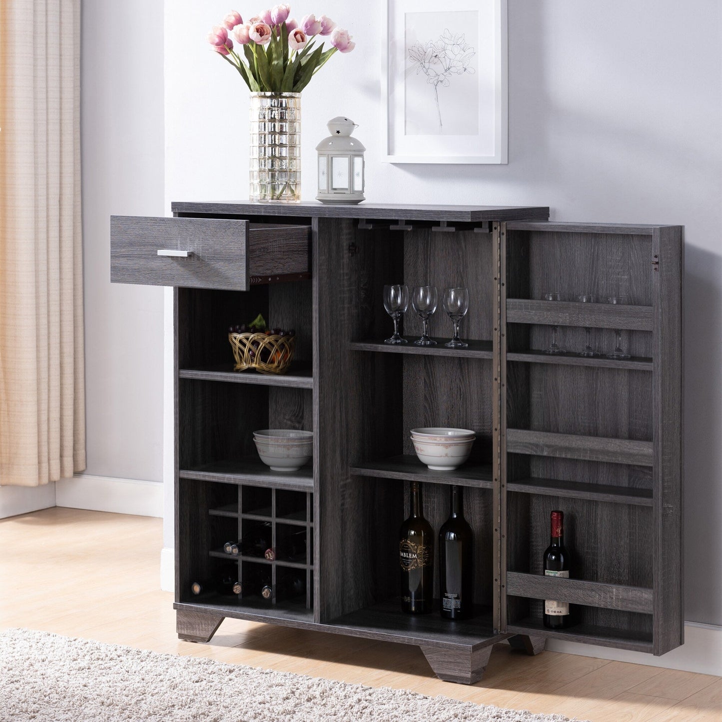 Furniture of America Garrett 31-in x 40-in Gray Rectangle Bar Cabinet
