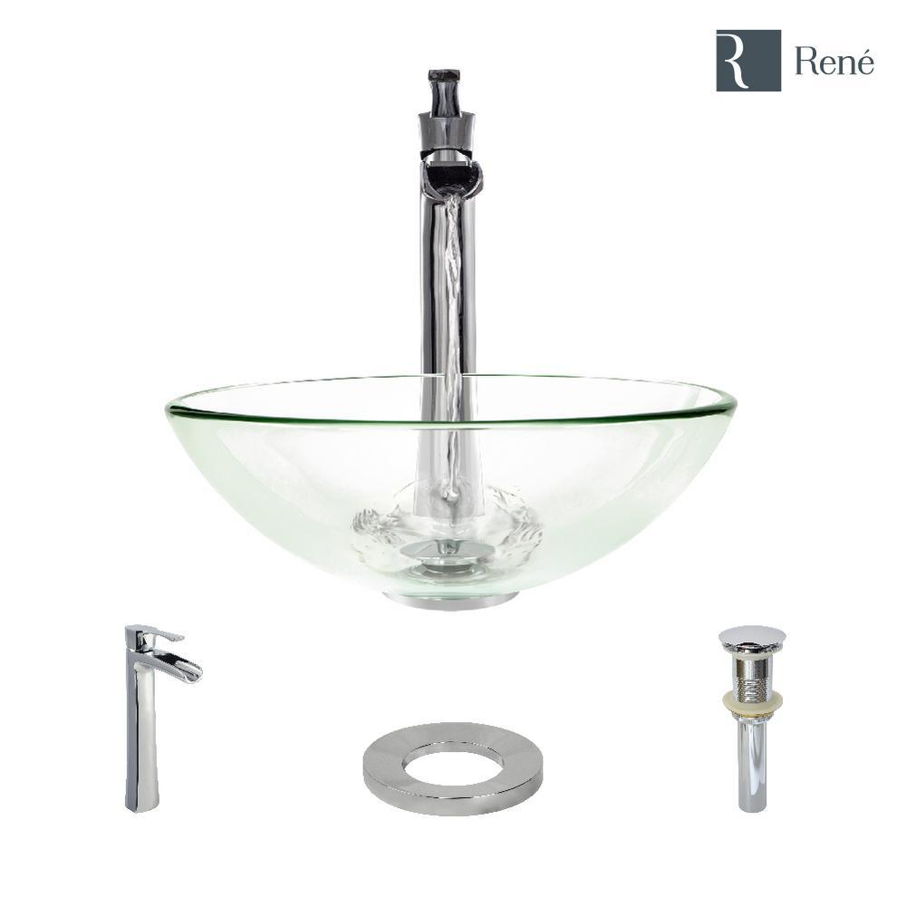 Glass Vessel Sink in Crystal with R9-7007 Faucet and Pop-Up Drain in Chrome - Super Arbor