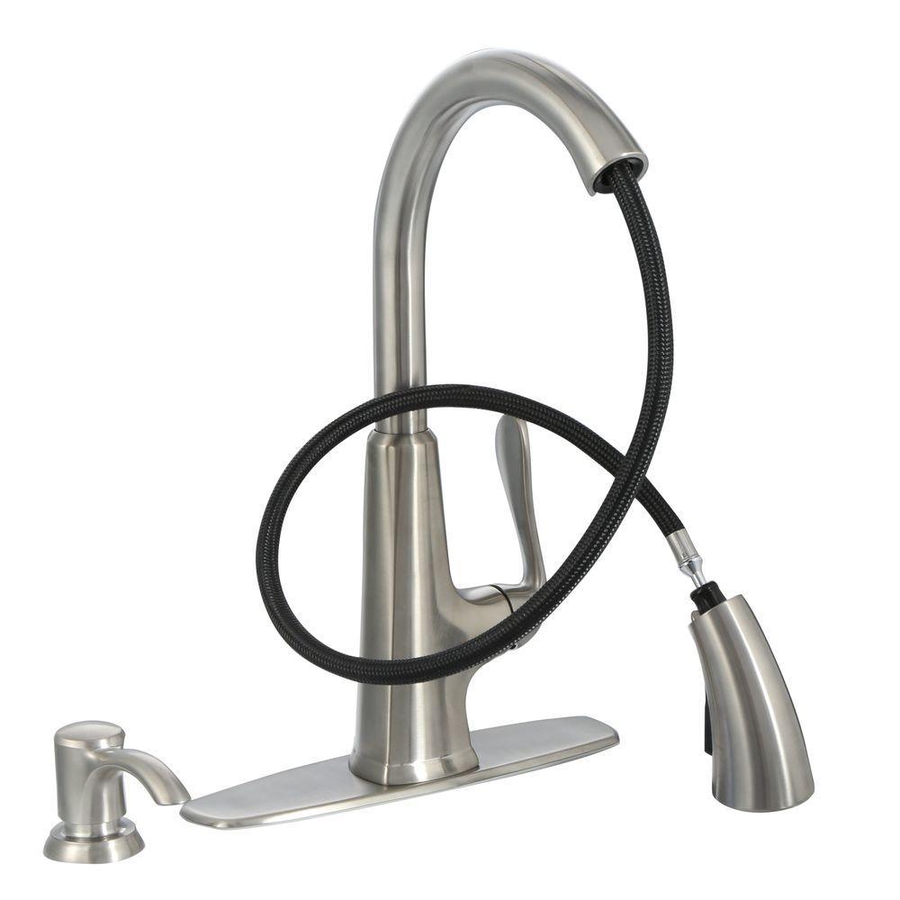 Pasadena Single-Handle Pull-Down Sprayer Kitchen Faucet with Soap Dispenser in Stainless Steel - Super Arbor