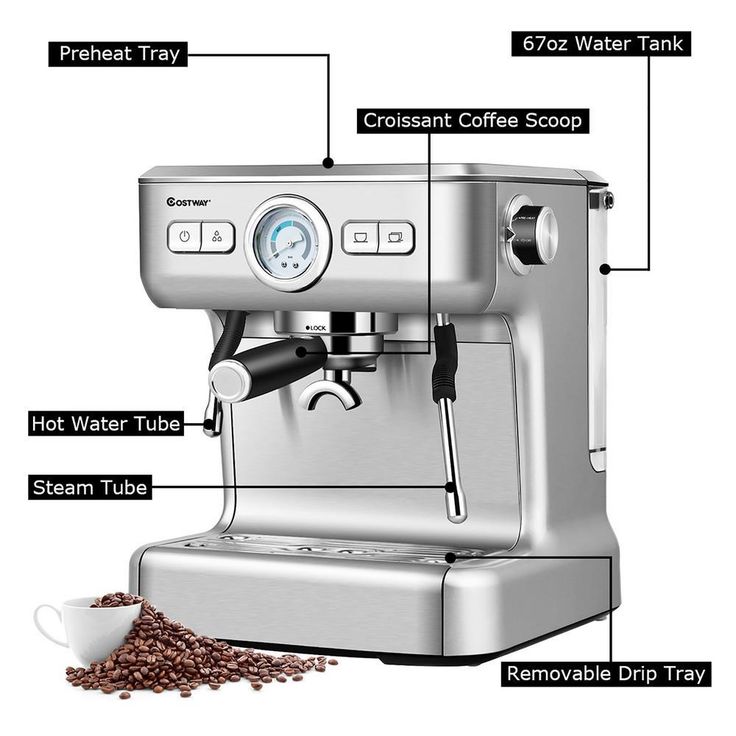2-Cup Stainless Steel Semi-Auto Espresso Machine Maker with Milk Frother Wand