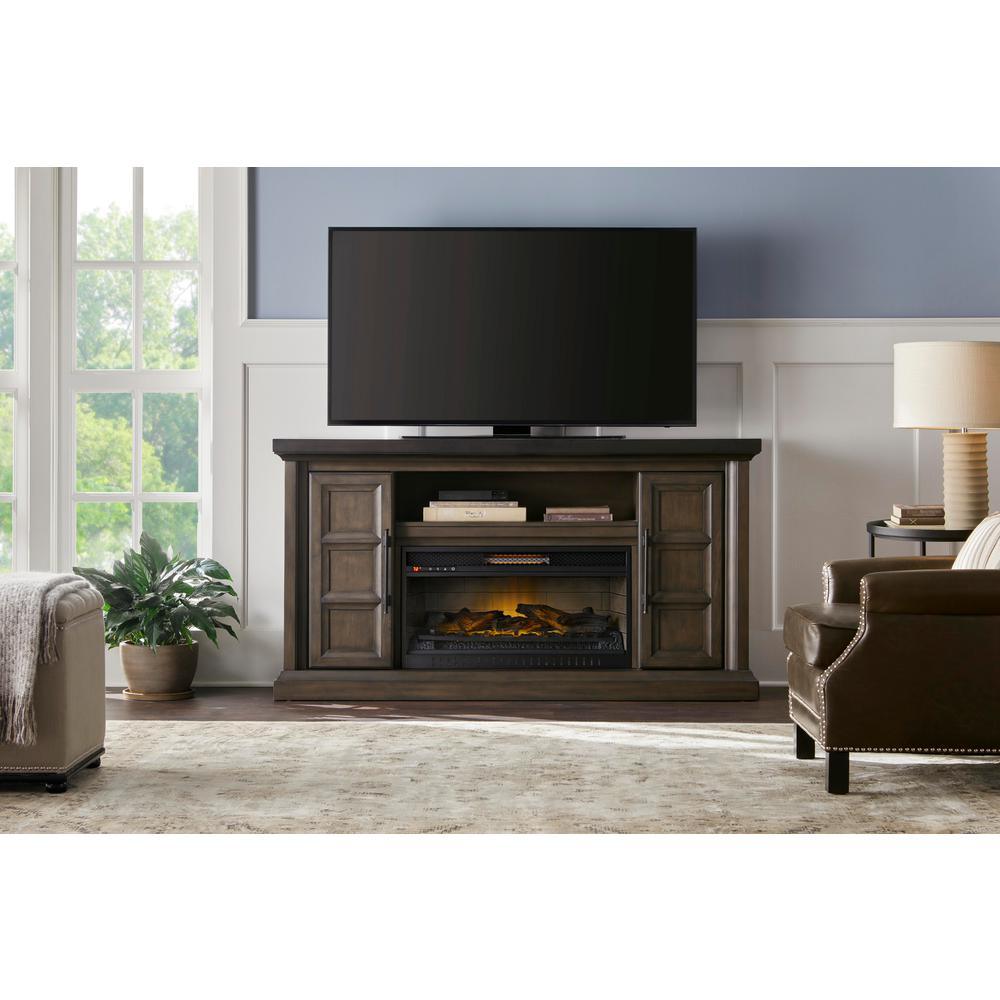 Halwell 63 in. Media Console Infrared Electric Fireplace in Warm Brown with Espresso Top - Super Arbor